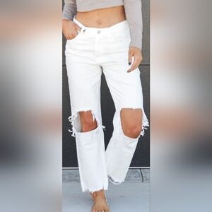 Kancan White Straight Leg Jeans with Distressed Details